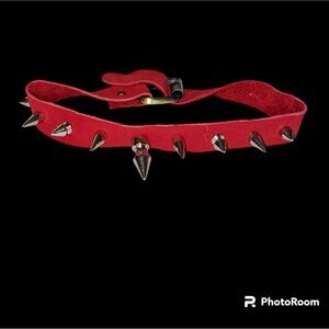 Punk goth red leather spiked choker, made from upcycled scrap genuine leather